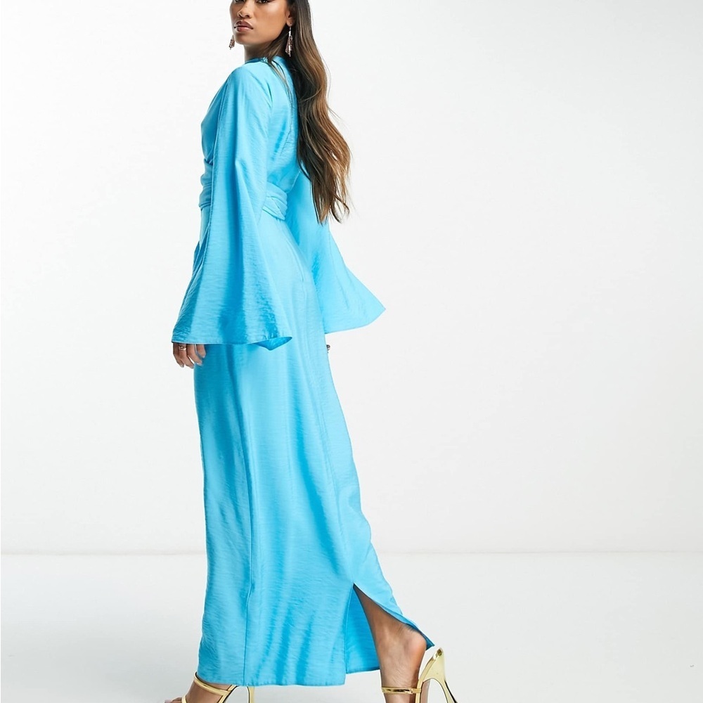 ASOS DESIGN high neck maxi dress with wrap waist and fluted sleeve in turquoise - Picture 2 of 12
